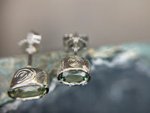 Load image into Gallery viewer, “Kanta” 14kt White Gold & Sapphire Hand Engraved Earrings