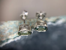 Load image into Gallery viewer, “Kanta” 14kt White Gold & Sapphire Hand Engraved Earrings