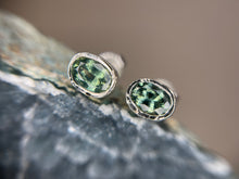 Load image into Gallery viewer, “Kanta” 14kt White Gold & Sapphire Hand Engraved Earrings