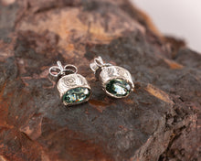 Load image into Gallery viewer, “Kanta” 14kt White Gold &amp; Sapphire Hand Engraved Earrings