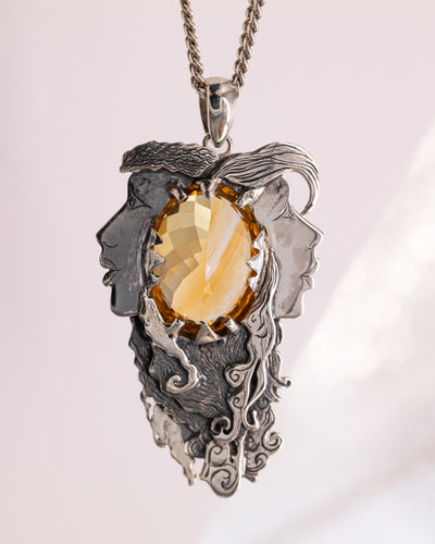 Unity Faces Pendant With Hand-Engraving and 20.86ct Natural Oval Cut Citrine