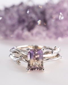 "Wicket" Ametrine Emerald Cut Set In Hand-Fabricated 14kt White Gold Branch Ring