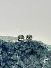 Load image into Gallery viewer, “Kanta” 14kt White Gold &amp; Sapphire Hand Engraved Earrings