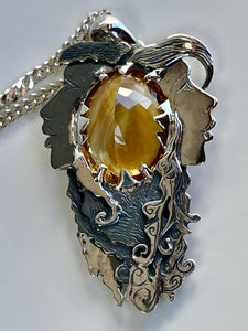 Unity Faces Pendant With Hand-Engraving and 20.86ct Natural Oval Cut Citrine