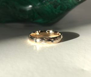 *MADE TO ORDER* Multi-Textured 4mm 14kt Yellow Gold Band With Hand-Engraving & Gemstones