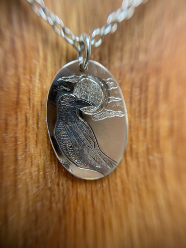 *MADE TO ORDER* »In The Hazy Milk of Twilight » Sterling Silver Hand-engraved Raven & Moon Pendant